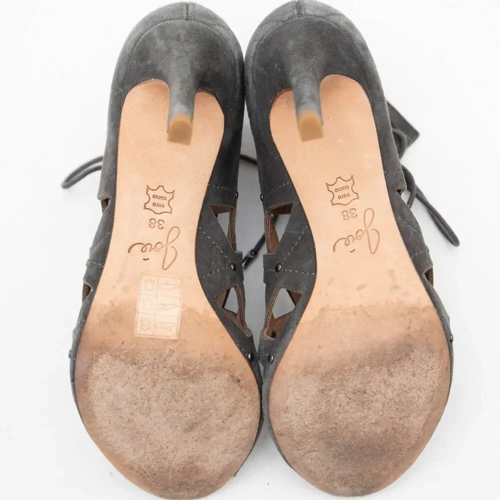 Joie Gray Sueded Cayla Studded Caged Lace Up Stiletto Heels Size 38 US 7.5